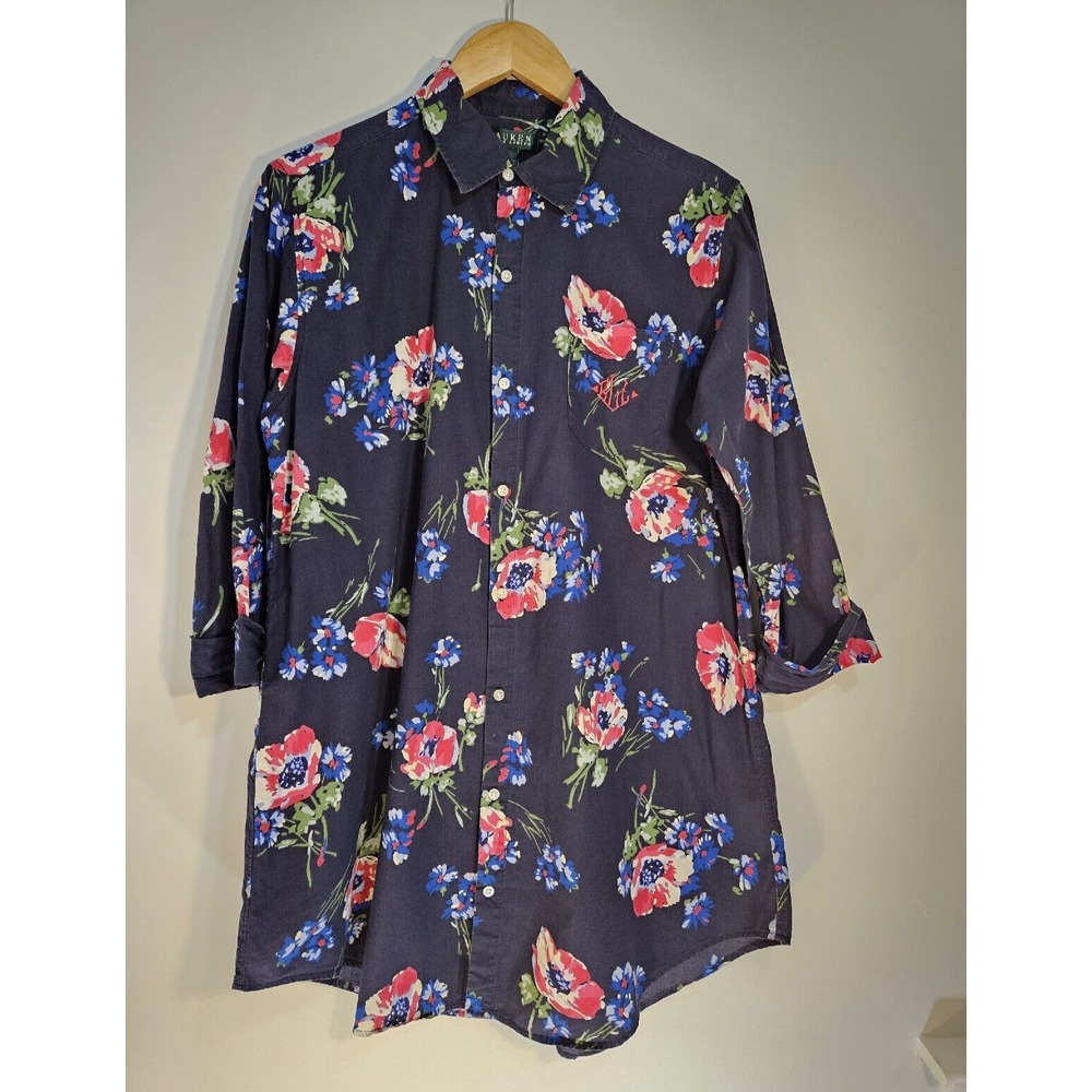 Lauren Ralph Lauren Floral Poppy Cotton Button Down Shirt Navy Blue M